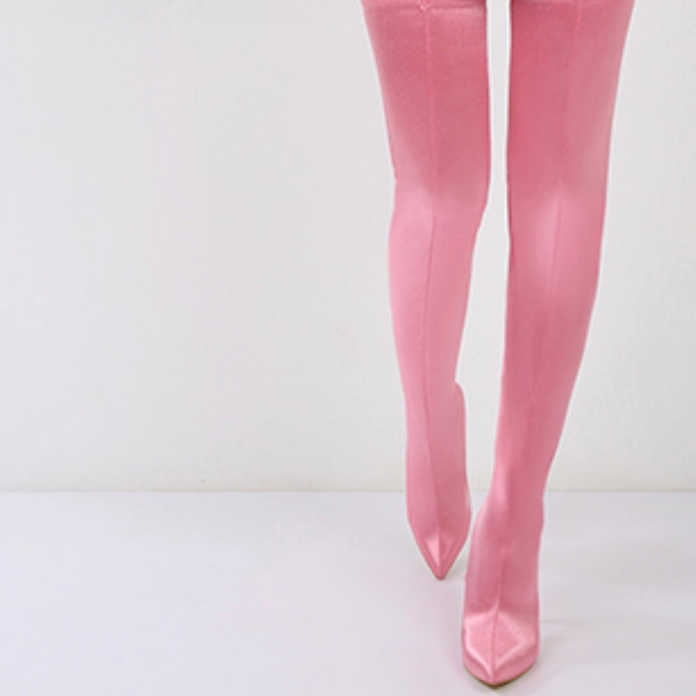 Pink Thigh High Spandex Boots